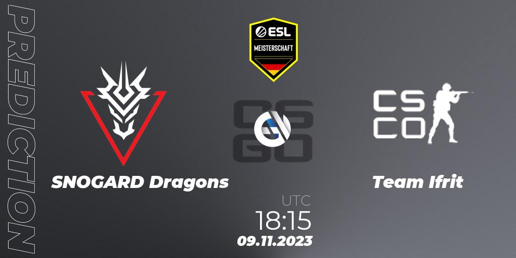SNOGARD Dragons contre Team Ifrit : prédiction de match. 09.11.2023 at 18:15. Counter-Strike (CS2), ESL Meisterschaft: Autumn 2023