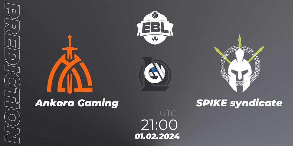 Ankora Gaming contre SPIKE syndicate : prédiction de match. 01.02.2024 at 21:00. LoL, Esports Balkan League Season 14