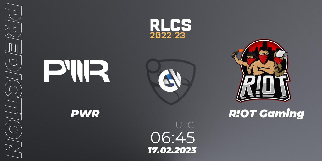 PWR contre R!OT Gaming : prédiction de match. 17.02.2023 at 06:45. Rocket League, RLCS 2022-23 - Winter: Oceania Regional 2 - Winter Cup
