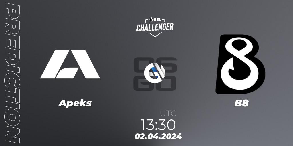 Apeks contre B8 : prédiction de match. 02.04.2024 at 13:30. Counter-Strike (CS2), ESL Challenger #57: European Closed Qualifier