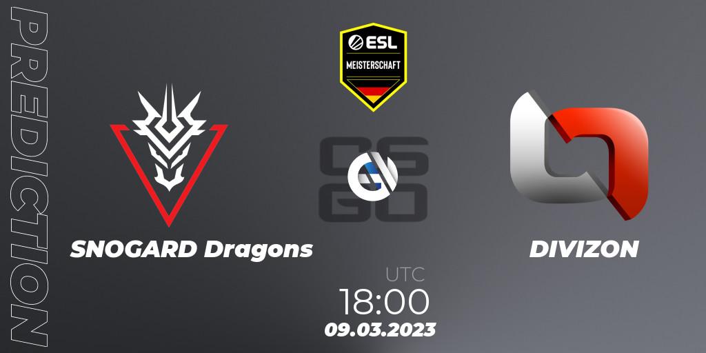 SNOGARD Dragons contre DIVIZON : prédiction de match. 09.03.2023 at 18:00. Counter-Strike (CS2), ESL Meisterschaft: Spring 2023