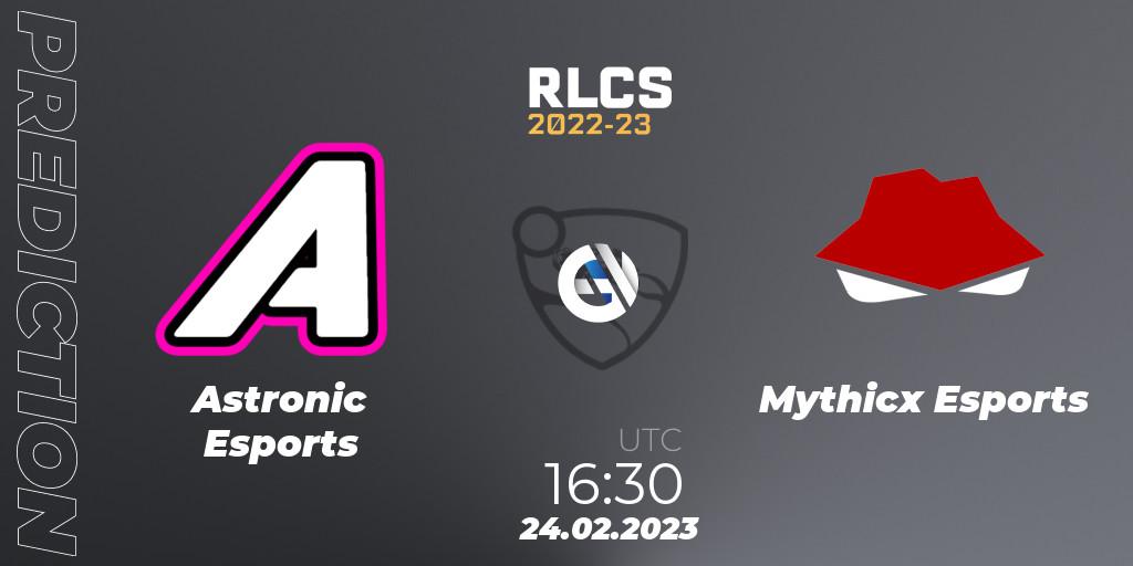 Astronic Esports contre Mythicx Esports : prédiction de match. 24.02.2023 at 16:30. Rocket League, RLCS 2022-23 - Winter: Sub-Saharan Africa Regional 3 - Winter Invitational