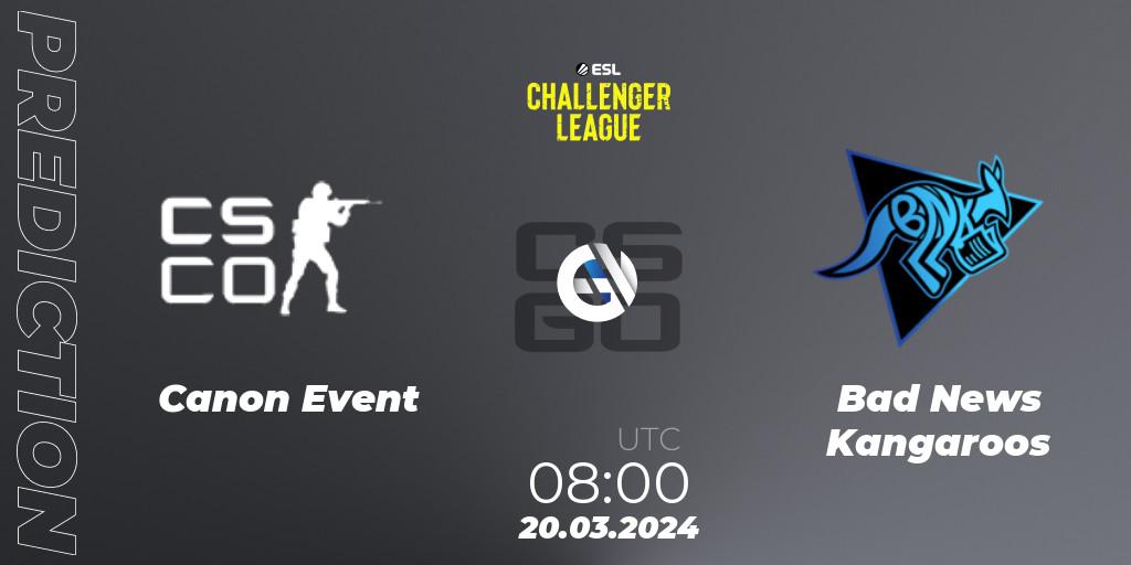 Canon Event contre Bad News Kangaroos : prédiction de match. 20.03.2024 at 07:50. Counter-Strike (CS2), ESL Challenger League Season 47: Oceania