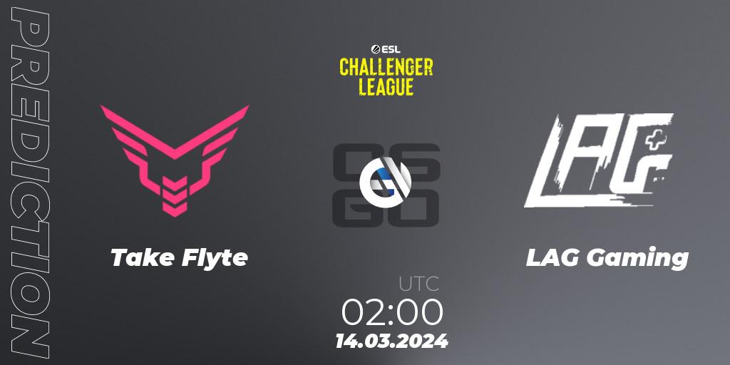 Take Flyte contre LAG Gaming : prédiction de match. 21.03.2024 at 01:00. Counter-Strike (CS2), ESL Challenger League Season 47: North America