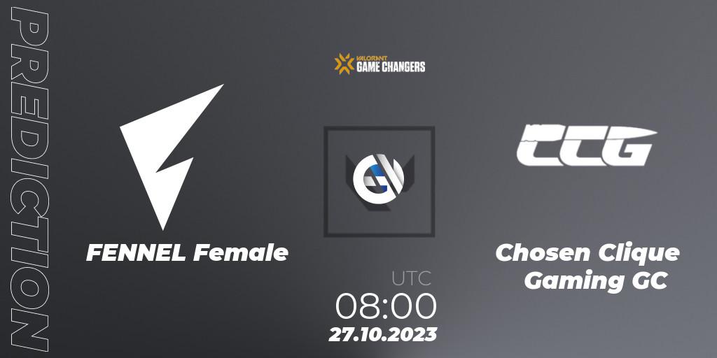 FENNEL Female contre Chosen Clique Gaming GC : prédiction de match. 27.10.2023 at 09:00. VALORANT, VCT 2023: Game Changers East Asia