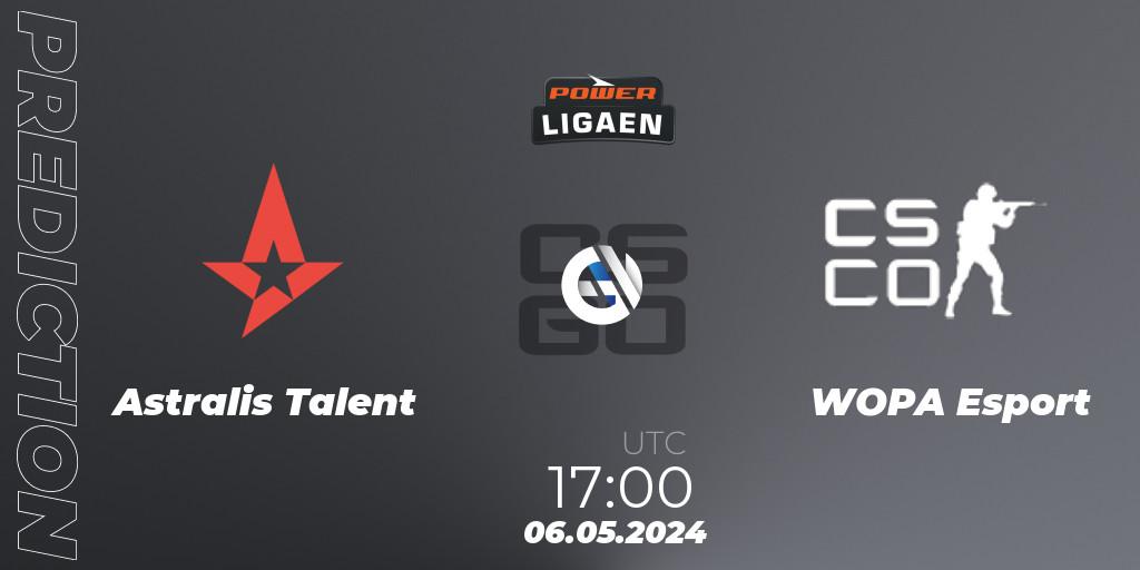 Astralis Talent contre WOPA Esport : prédiction de match. 06.05.2024 at 17:00. Counter-Strike (CS2), Dust2.dk Ligaen Season 26