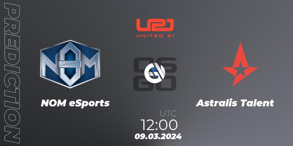 NOM eSports contre Astralis Talent : prédiction de match. 09.03.2024 at 12:00. Counter-Strike (CS2), United21 Season 12