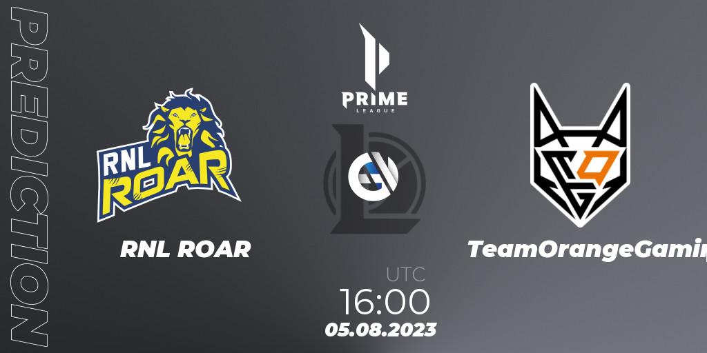RNL ROAR contre TeamOrangeGaming : prédiction de match. 05.08.2023 at 16:00. LoL, Prime League 2nd Division Summer 2023
