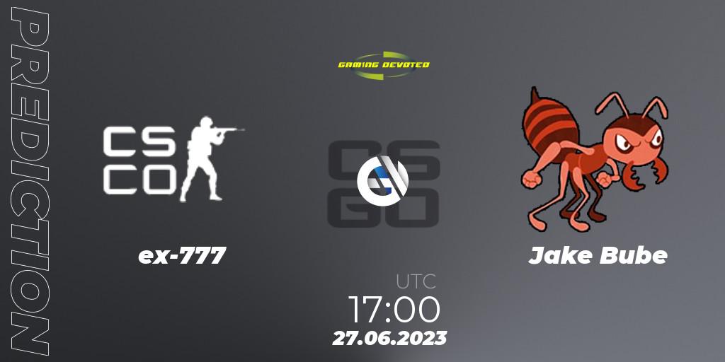 ex-777 contre Jake Bube : prédiction de match. 27.06.2023 at 17:00. Counter-Strike (CS2), Gaming Devoted Become The Best: Series #2