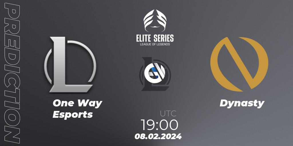 One Way Esports contre Dynasty : prédiction de match. 08.02.2024 at 19:00. LoL, Elite Series Spring 2024