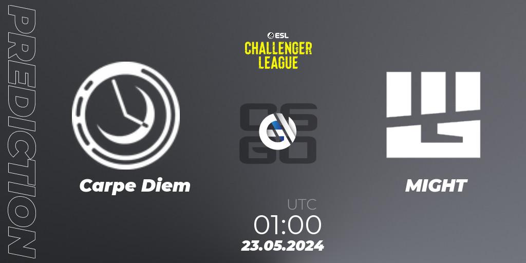 Carpe Diem contre MIGHT : prédiction de match. 23.05.2024 at 01:00. Counter-Strike (CS2), ESL Challenger League Season 47: North America