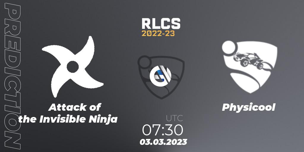 Attack of the Invisible Ninja contre Physicool : prédiction de match. 03.03.2023 at 07:30. Rocket League, RLCS 2022-23 - Winter: Oceania Regional 3 - Winter Invitational
