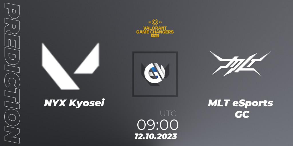 NYX Kyosei contre MLT eSports GC : prédiction de match. 12.10.2023 at 09:00. VALORANT, VCT 2023: Game Changers APAC Elite