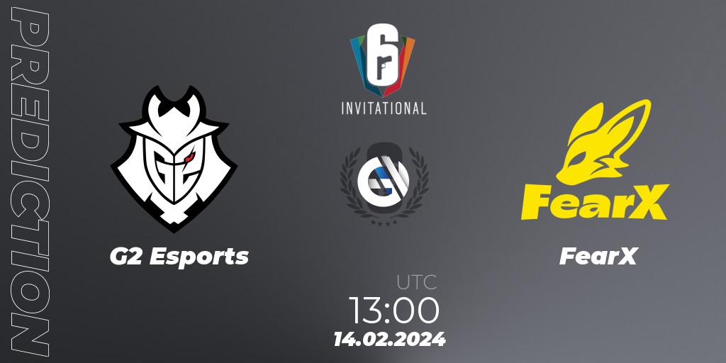 G2 Esports contre FearX : prédiction de match. 14.02.2024 at 13:00. Rainbow Six, Six Invitational 2024 - Group Stage