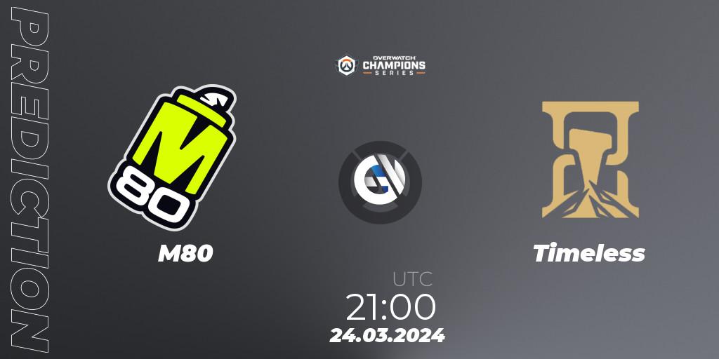 M80 contre Timeless : prédiction de match. 24.03.2024 at 21:00. Overwatch, Overwatch Champions Series 2024 - North America Stage 1 Main Event