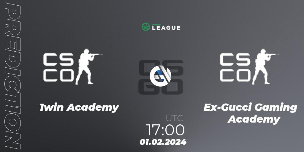 1win Academy contre Ex-Gucci Gaming Academy : prédiction de match. 01.02.2024 at 17:00. Counter-Strike (CS2), ESEA Season 48: Advanced Division - Europe