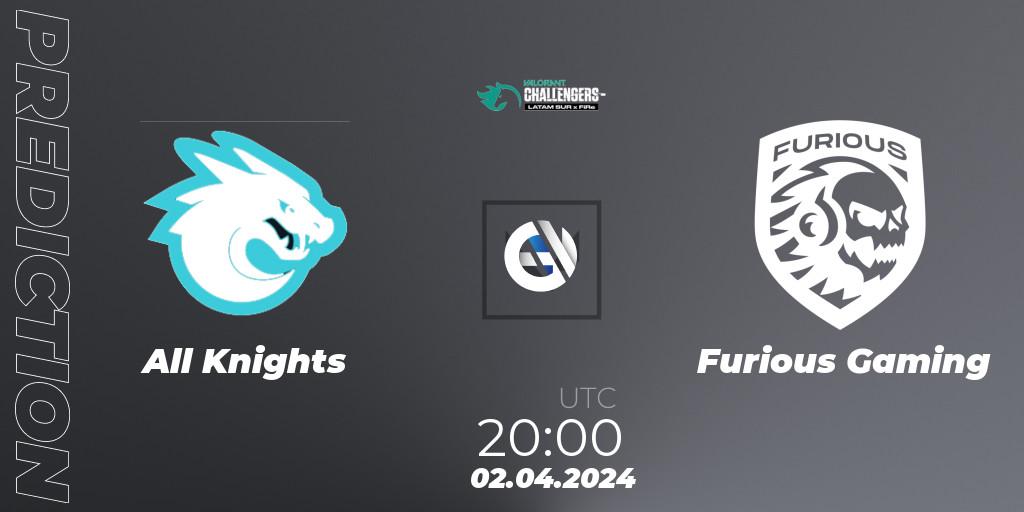 All Knights contre Furious Gaming : prédiction de match. 02.04.2024 at 20:00. VALORANT, VALORANT Challengers 2024: LAS Split 1