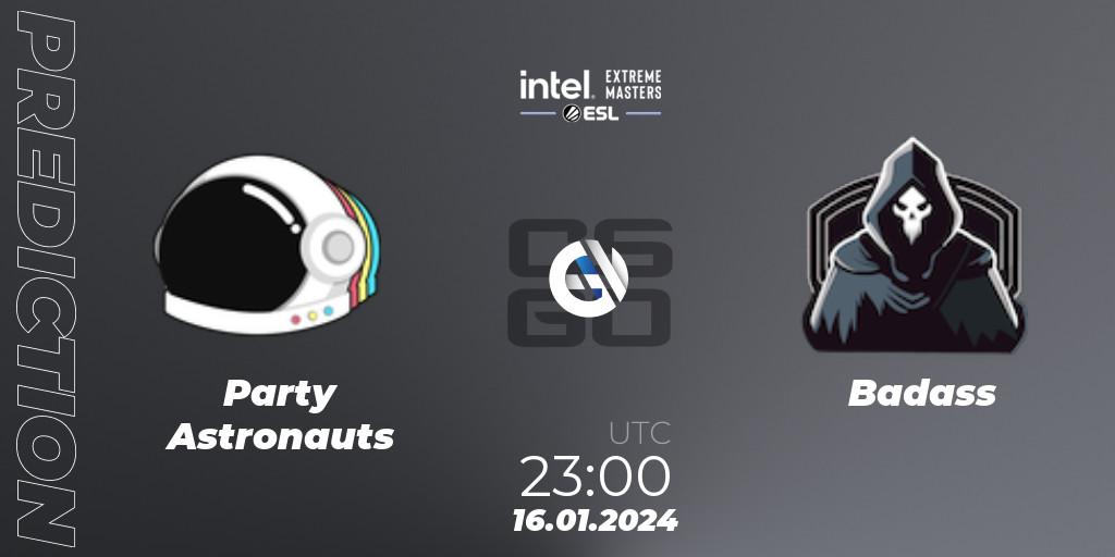 Party Astronauts contre Badass : prédiction de match. 16.01.2024 at 23:05. Counter-Strike (CS2), Intel Extreme Masters China 2024: North American Open Qualifier #1
