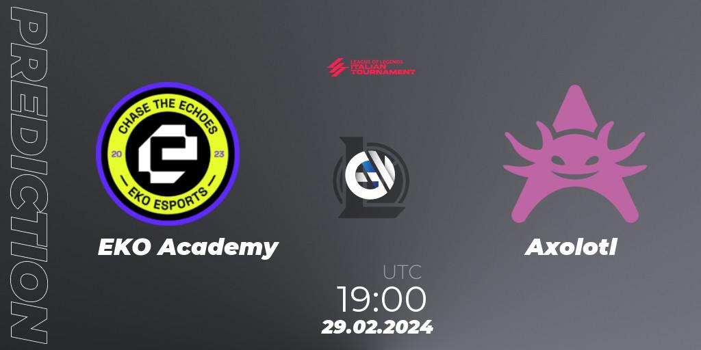 EKO Academy contre Axolotl : prédiction de match. 29.02.2024 at 19:00. LoL, LoL Italian Tournament Spring 2024
