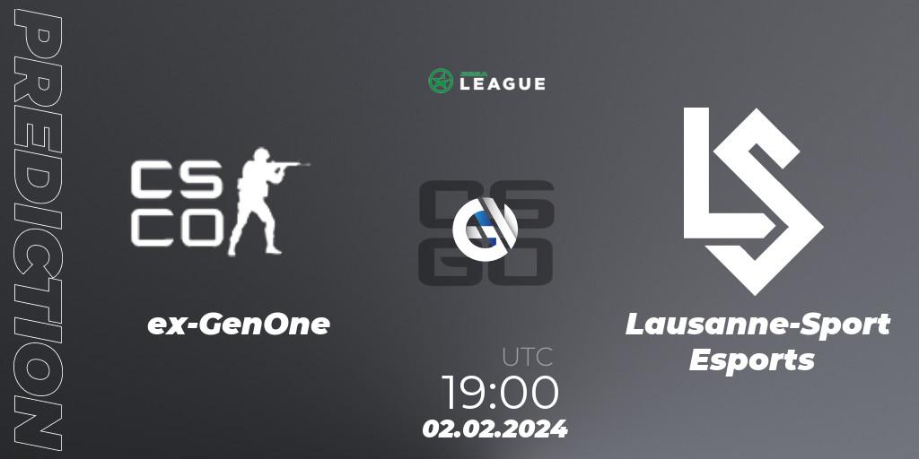 ex-GenOne contre Lausanne-Sport Esports : prédiction de match. 02.02.2024 at 19:00. Counter-Strike (CS2), ESEA Season 48: Advanced Division - Europe