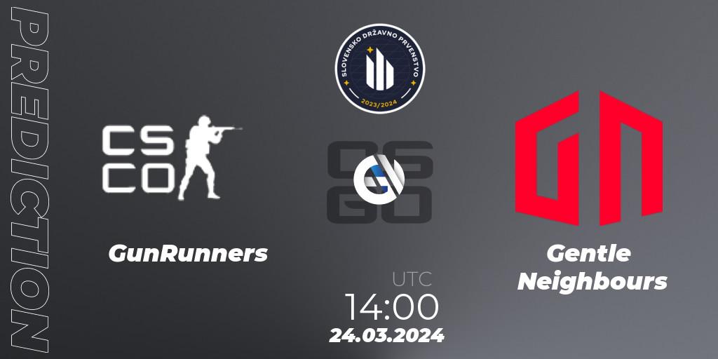 GunRunners contre Gentle Neighbours : prédiction de match. 05.04.2024 at 11:00. Counter-Strike (CS2), Slovenian National Championship 2024