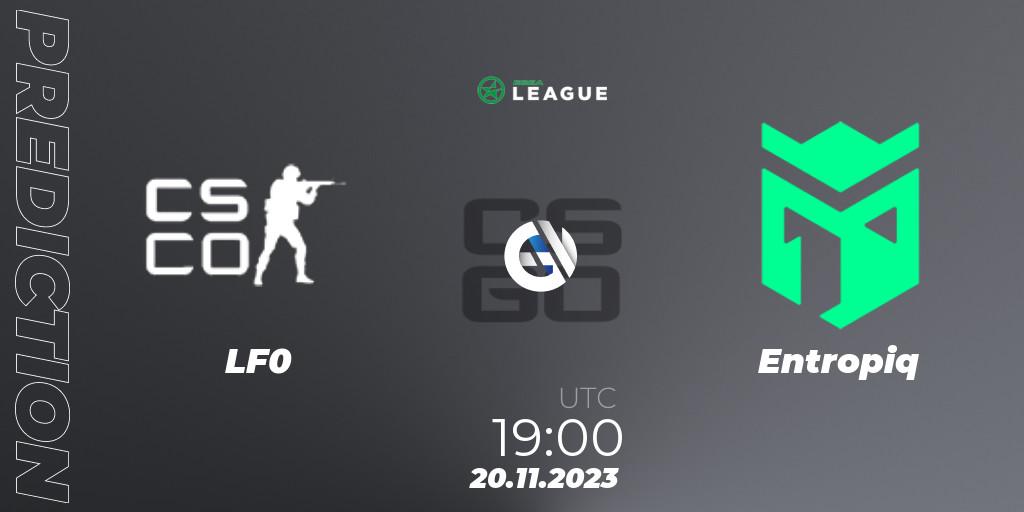 LF0 contre Entropiq : prédiction de match. 24.11.2023 at 15:00. Counter-Strike (CS2), ESEA Season 47: Advanced Division - Europe