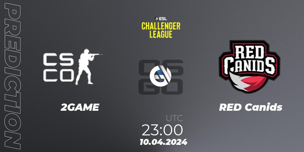 2GAME contre RED Canids : prédiction de match. 10.04.2024 at 23:00. Counter-Strike (CS2), ESL Challenger League Season 47: South America