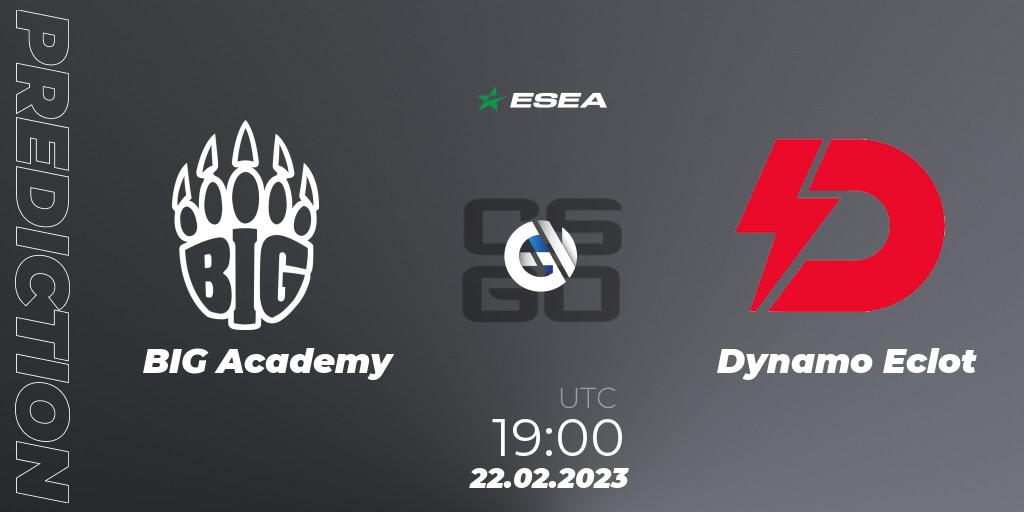 BIG Academy contre Dynamo Eclot : prédiction de match. 02.03.2023 at 19:00. Counter-Strike (CS2), ESEA Season 44: Advanced Division - Europe