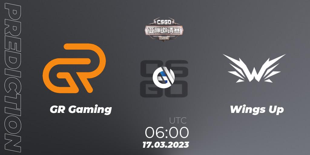 GR Gaming contre Wings Up : prédiction de match. 17.03.2023 at 06:00. Counter-Strike (CS2), Baidu Cup Invitational #2