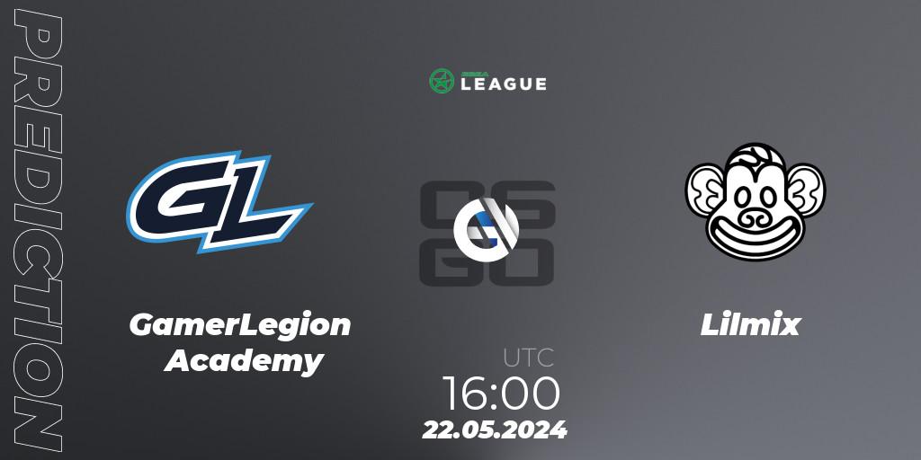GamerLegion Academy contre Lilmix : prédiction de match. 22.05.2024 at 16:00. Counter-Strike (CS2), ESEA Season 49: Advanced Division - Europe