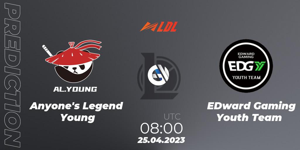 Anyone's Legend Young contre EDward Gaming Youth Team : prédiction de match. 25.04.2023 at 09:00. LoL, LDL 2023 - Regular Season - Stage 2