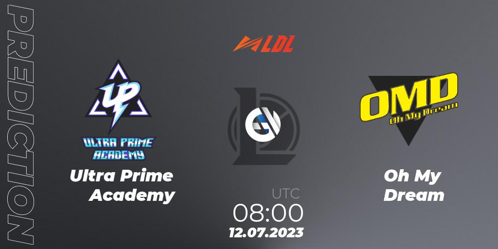 Ultra Prime Academy contre Oh My Dream : prédiction de match. 12.07.2023 at 08:00. LoL, LDL 2023 - Regular Season - Stage 3