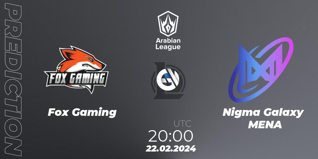 Fox Gaming contre Nigma Galaxy MENA : prédiction de match. 22.02.2024 at 20:00. LoL, Arabian League Spring 2024
