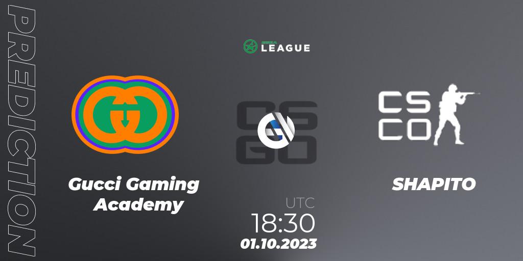 Gucci Gaming Academy contre SHAPITO : prédiction de match. 02.10.2023 at 11:30. Counter-Strike (CS2), ESEA Season 46: Main Division - Europe