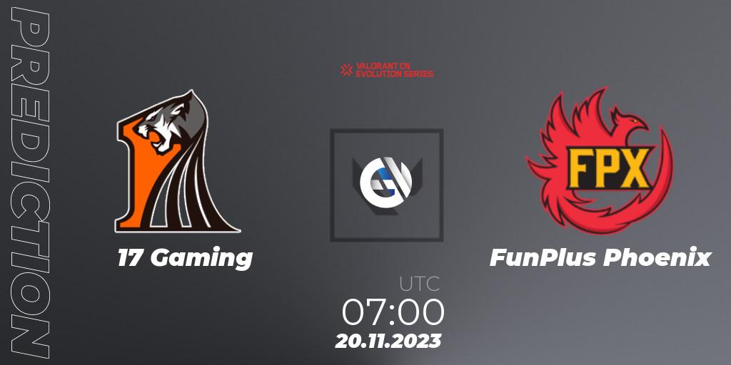 17 Gaming contre FunPlus Phoenix : prédiction de match. 20.11.2023 at 09:00. VALORANT, VALORANT China Evolution Series Act 3: Heritability
