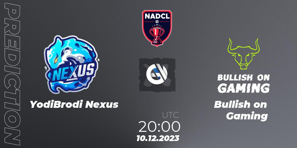 YodiBrodi Nexus contre Bullish on Gaming : prédiction de match. 10.12.2023 at 21:00. Dota 2, North American Dota Challengers League Season 5 Grand Finals