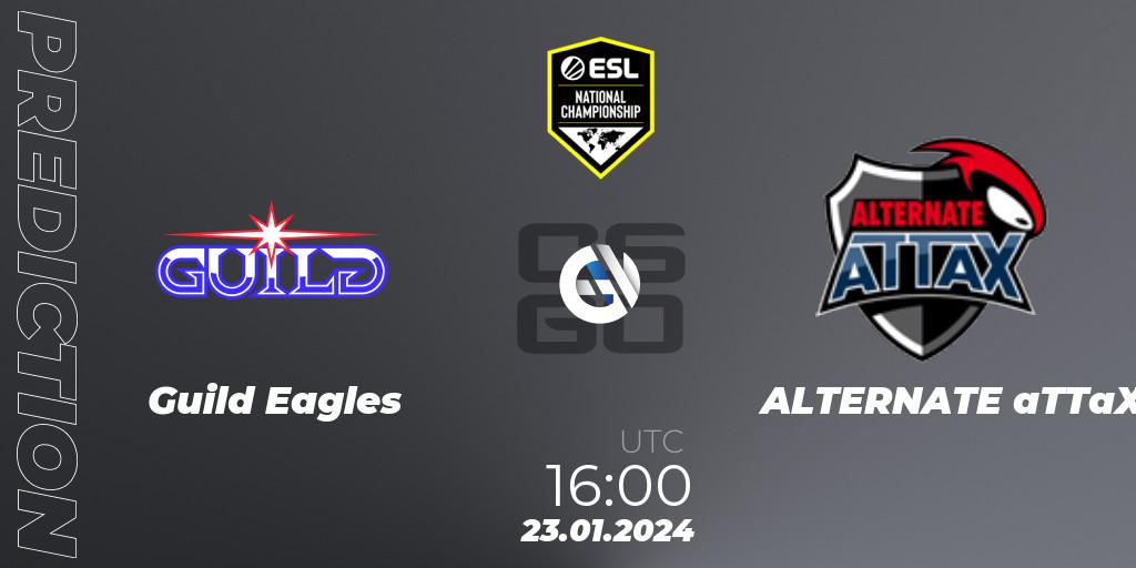 Guild Eagles contre ALTERNATE aTTaX : prédiction de match. 23.01.2024 at 16:00. Counter-Strike (CS2), ESL Pro League Season 19 NC Europe Qualifier