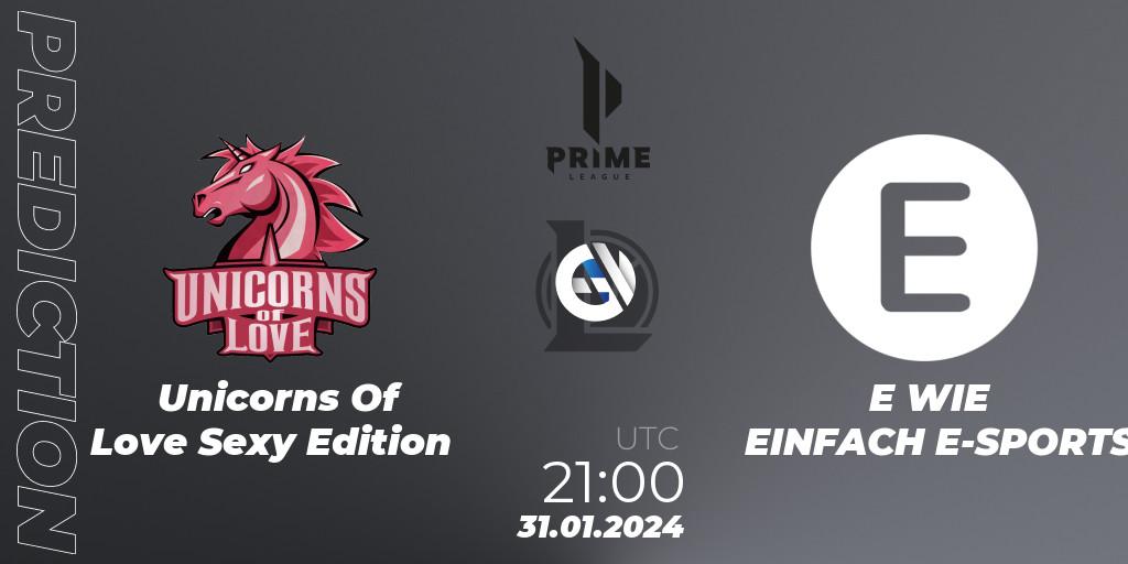 Unicorns Of Love Sexy Edition contre E WIE EINFACH E-SPORTS : prédiction de match. 31.01.2024 at 21:00. LoL, Prime League Spring 2024 - Group Stage