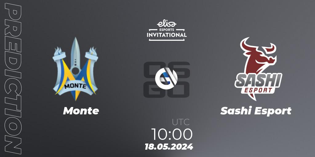Monte contre Sashi Esport : prédiction de match. 18.05.2024 at 13:00. Counter-Strike (CS2), Elisa Invitational Spring 2024
