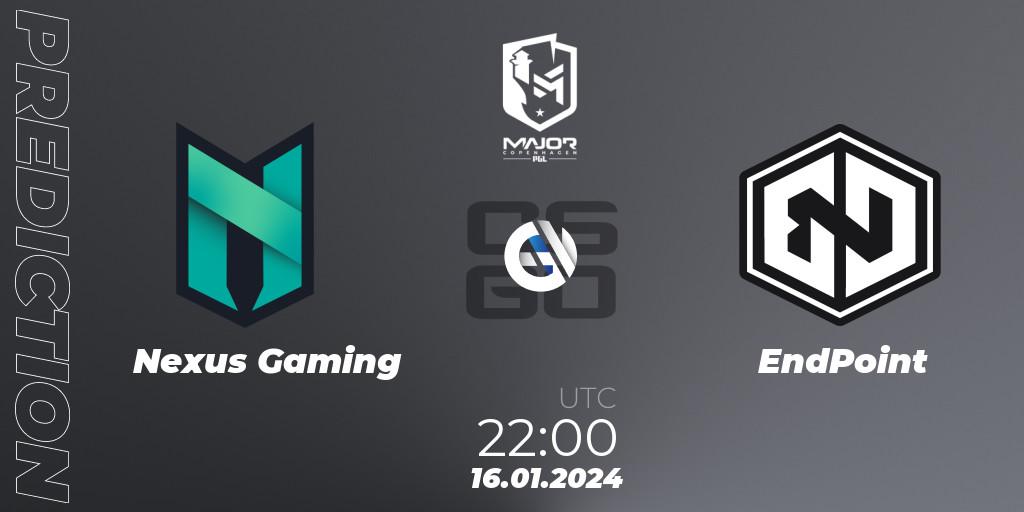 Nexus Gaming contre EndPoint : prédiction de match. 16.01.2024 at 22:00. Counter-Strike (CS2), PGL CS2 Major Copenhagen 2024 Europe RMR Open Qualifier 4