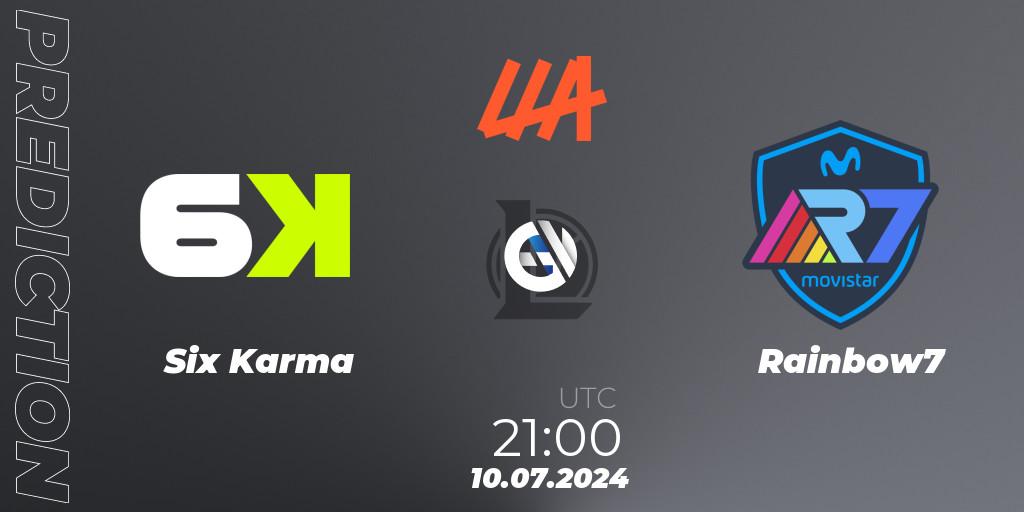 Six Karma contre Rainbow7 : prédiction de match. 10.07.2024 at 21:00. LoL, LLA Closing 2024 - Group Stage