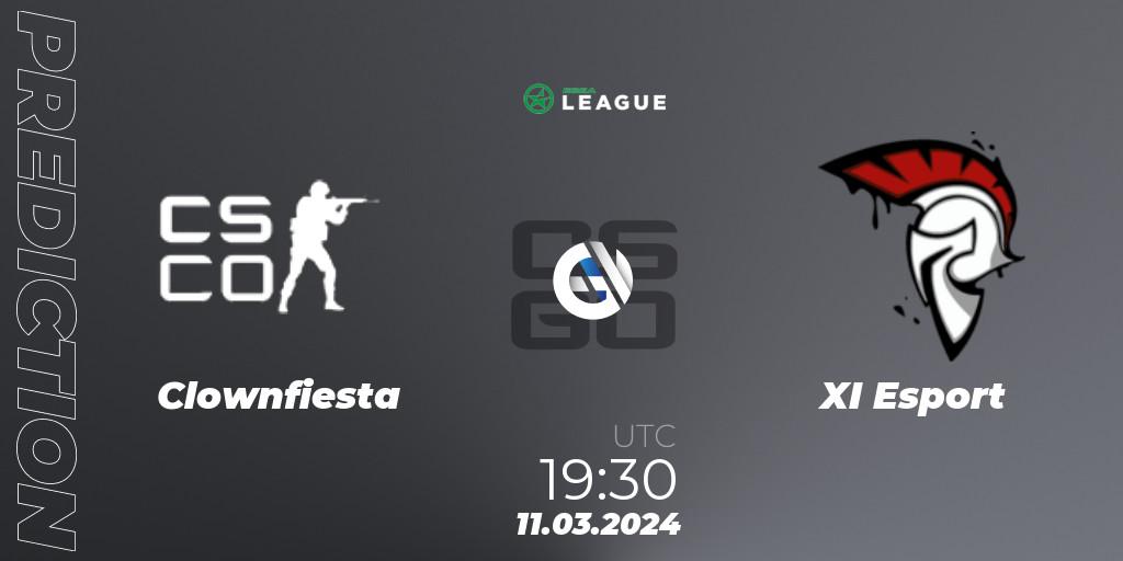 Clownfiesta contre XI Esport : prédiction de match. 12.03.2024 at 18:00. Counter-Strike (CS2), ESEA Season 48: Main Division - Europe