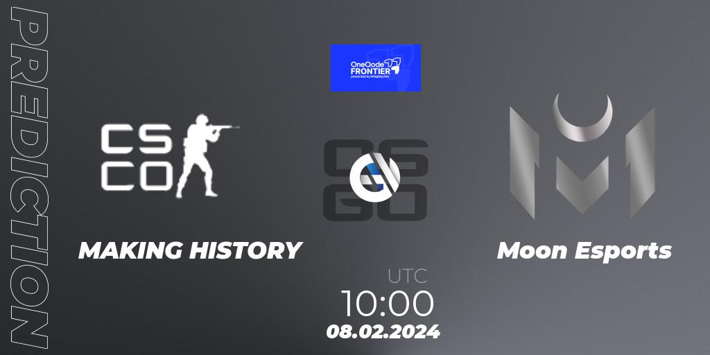 MAKING HISTORY contre Moon Esports : prédiction de match. 08.02.2024 at 10:00. Counter-Strike (CS2), OneQode Frontier