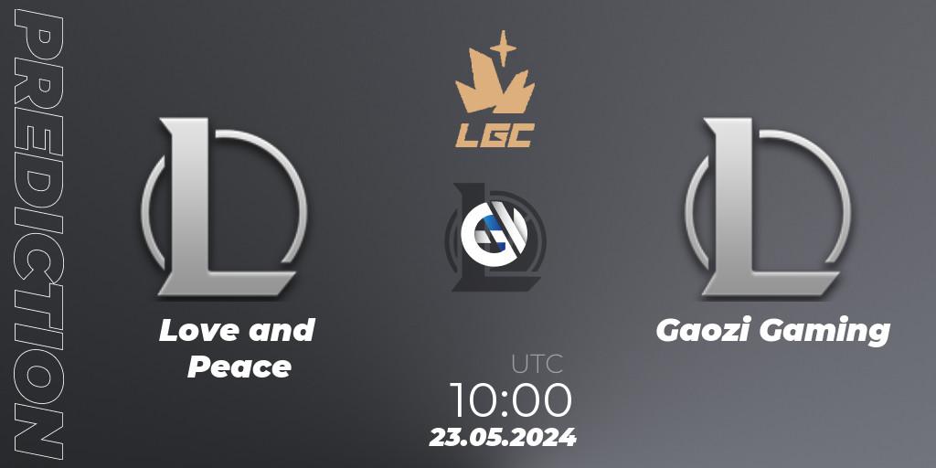 Love and Peace contre Gaozi Gaming : prédiction de match. 23.05.2024 at 10:00. LoL, Legend Cup 2024