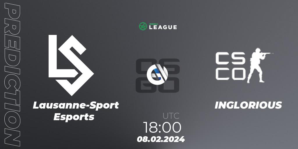 Lausanne-Sport Esports contre INGLORIOUS : prédiction de match. 08.02.2024 at 18:00. Counter-Strike (CS2), ESEA Season 48: Advanced Division - Europe