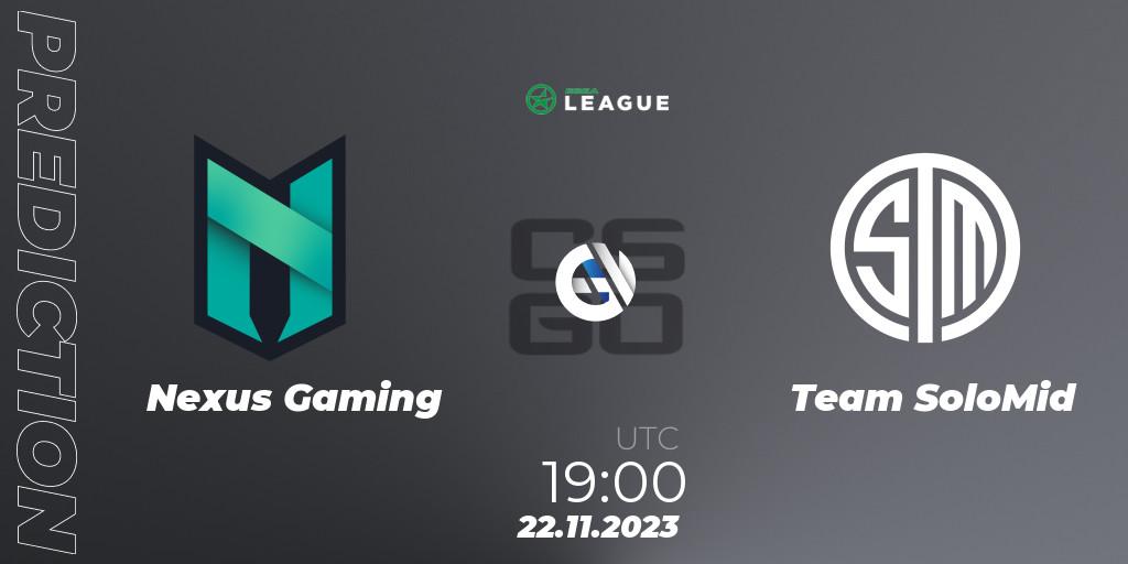 Nexus Gaming contre Team SoloMid : prédiction de match. 23.11.2023 at 15:00. Counter-Strike (CS2), ESEA Season 47: Advanced Division - Europe