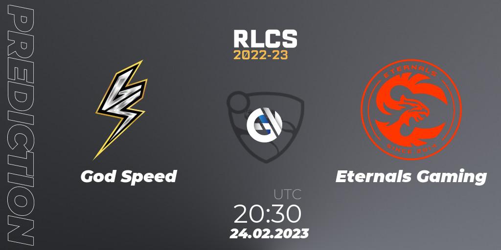 God Speed contre Eternals Gaming : prédiction de match. 24.02.2023 at 20:30. Rocket League, RLCS 2022-23 - Winter: South America Regional 3 - Winter Invitational