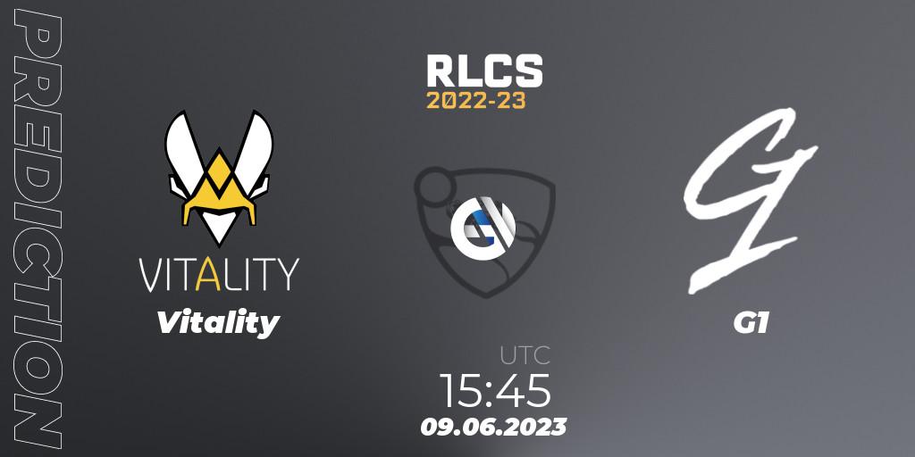 Vitality contre G1 : prédiction de match. 09.06.2023 at 15:45. Rocket League, RLCS 2022-23 - Spring: Europe Regional 3 - Spring Invitational