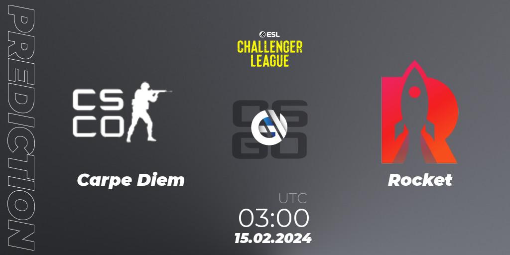 Carpe Diem contre Rocket : prédiction de match. 15.02.2024 at 03:00. Counter-Strike (CS2), ESL Challenger League Season 47: North America