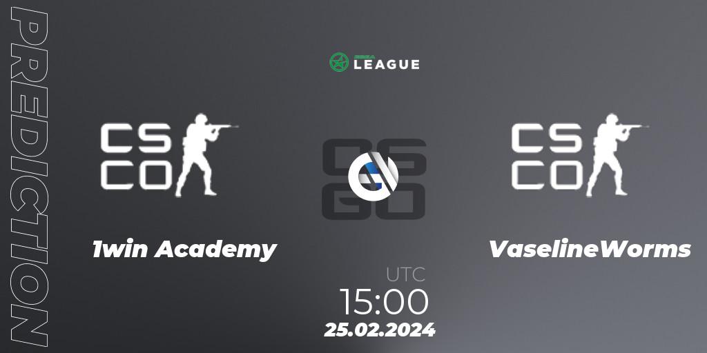 1win Academy contre VaselineWorms : prédiction de match. 25.02.2024 at 15:00. Counter-Strike (CS2), ESEA Season 48: Advanced Division - Europe
